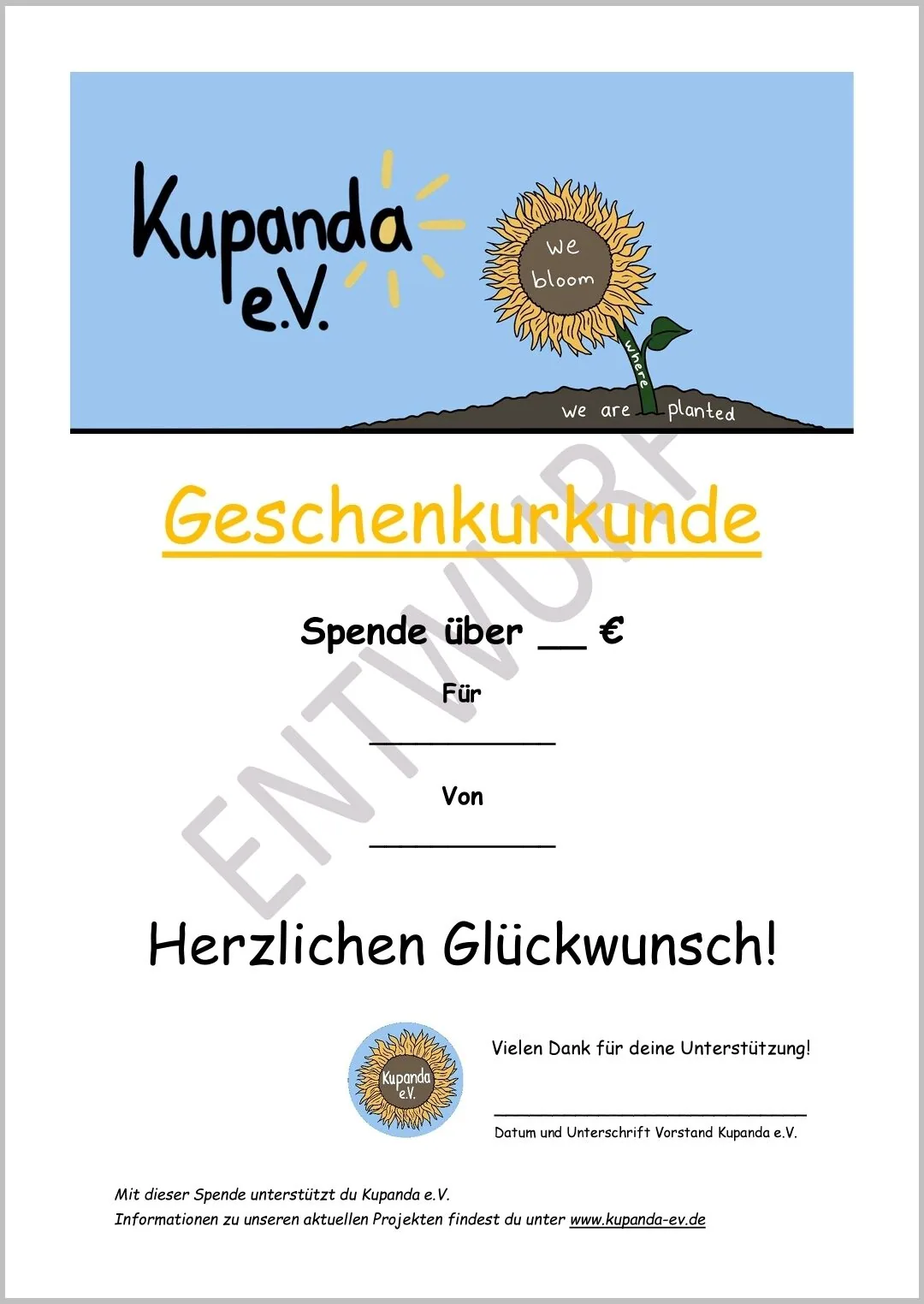 Beispiel einer personalisierten Kupanda-Geschenkurkunde